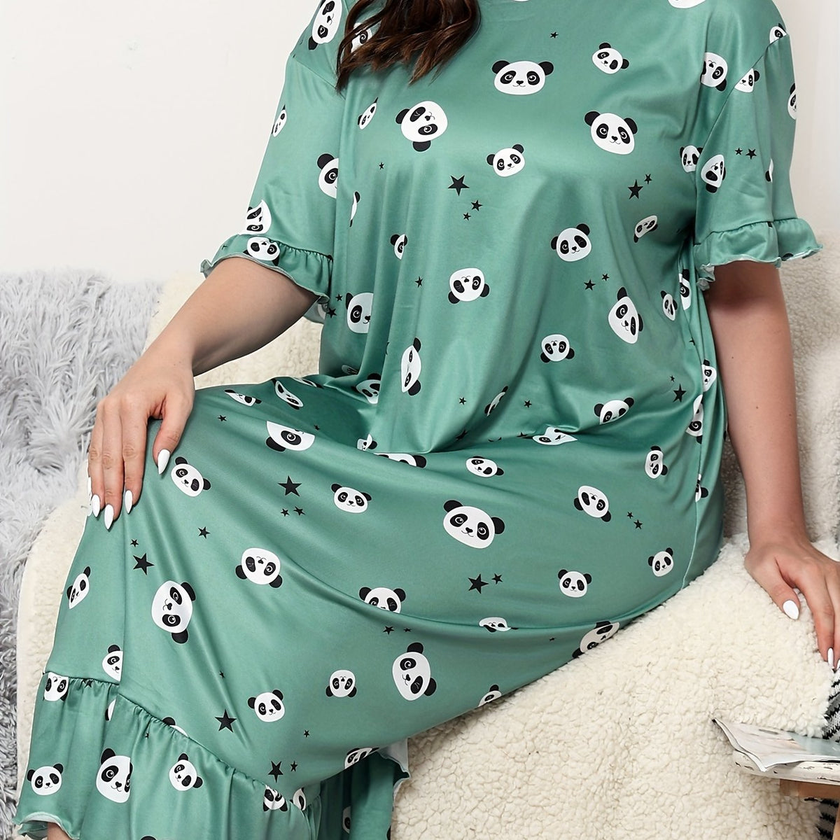  Panda & Star Print Ruffle Trim Sleep Dress