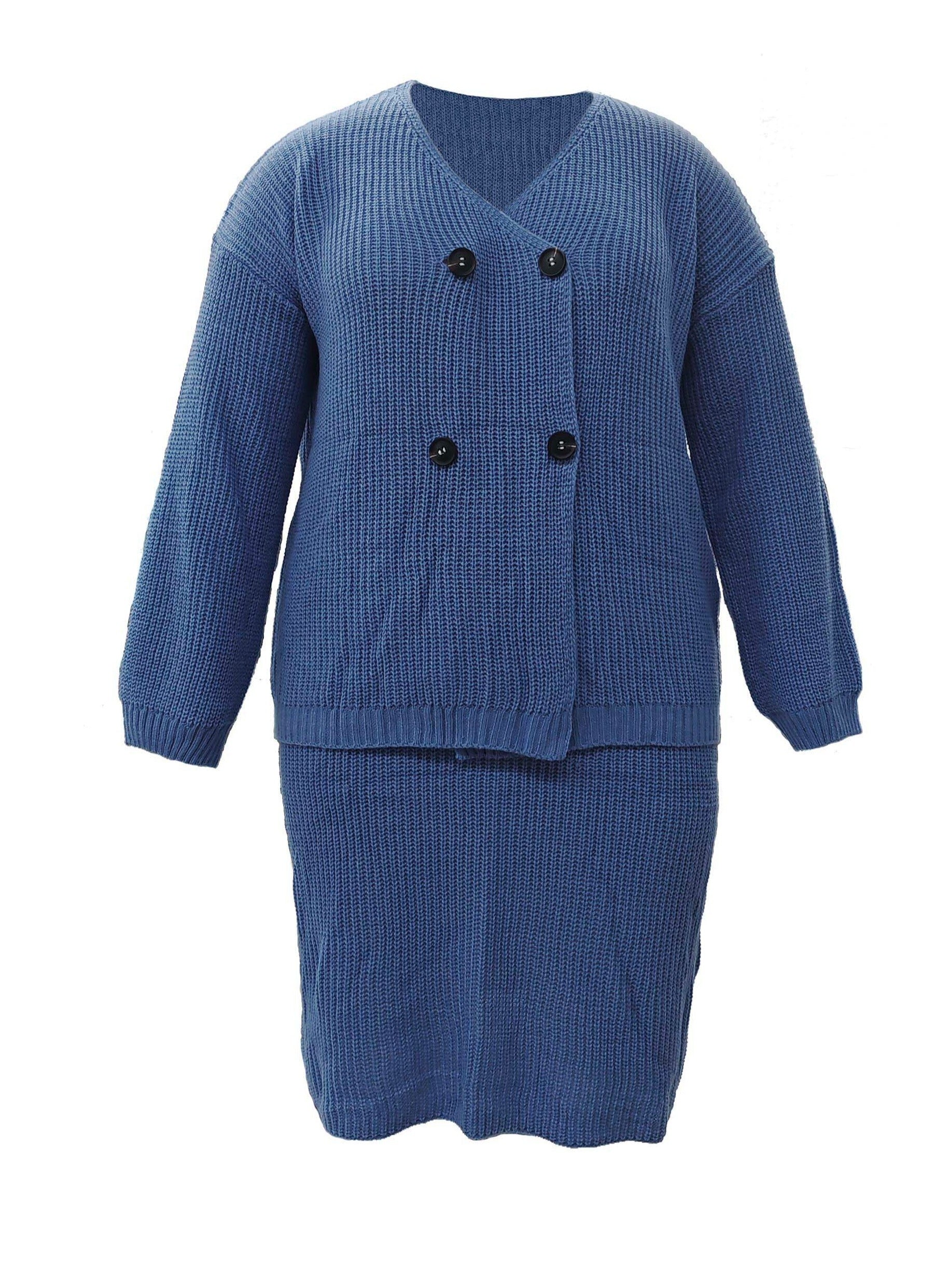  Solid Button Up Sweater & Skirt Set