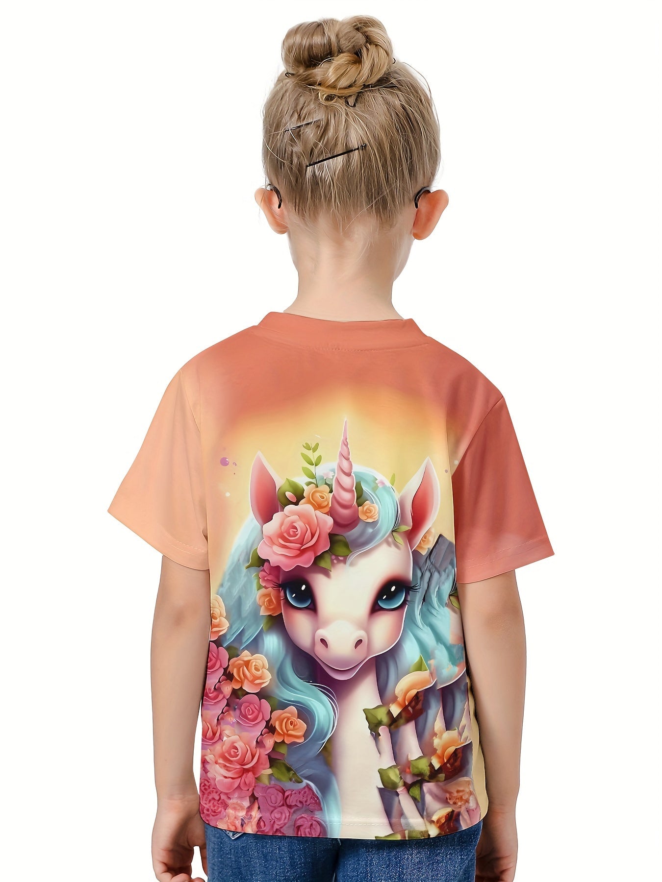 3D Unicorn Graphic Crew Neck Short Sleeve T shirt Girls Casual Pullover Tops