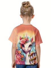 3D Unicorn Graphic Crew Neck Short Sleeve T shirt Girls Casual Pullover Tops