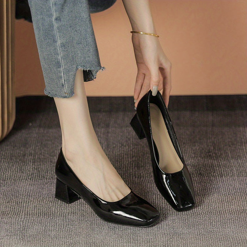 Women's Chunky Heeled Court Pumps Square Toe Solid Patent Leather Shoes