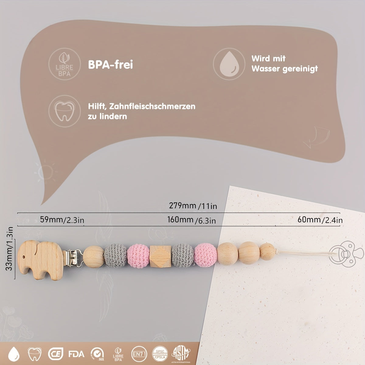 Elephant Wooden Pacifier Clip Strap for Boys Girls