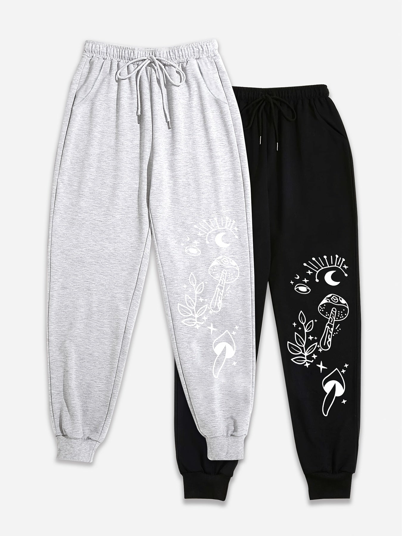  Sports Pants Set Women's Graphic Print Elastic Drawstring Jogger Sweat