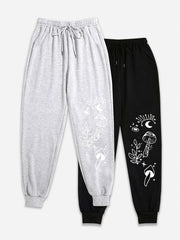  Sports Pants Set Women's Graphic Print Elastic Drawstring Jogger Sweat