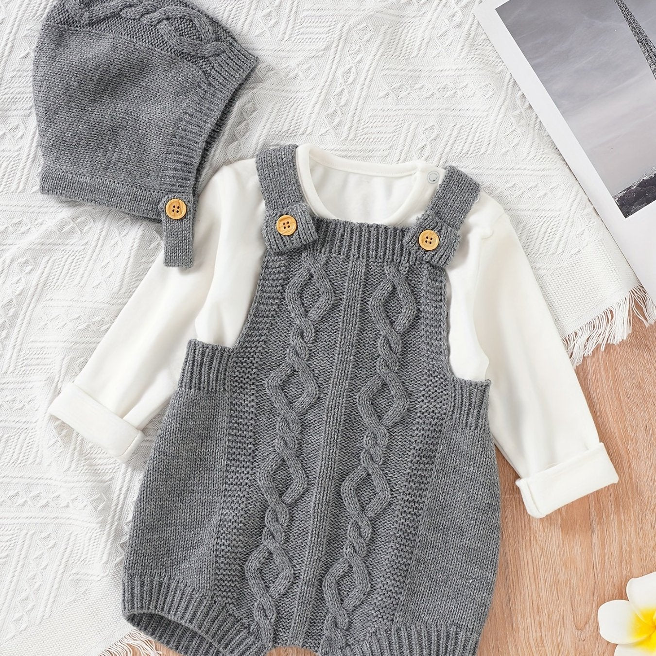 Unisex Baby Knit Sweater Romper Overalls & Hat Set