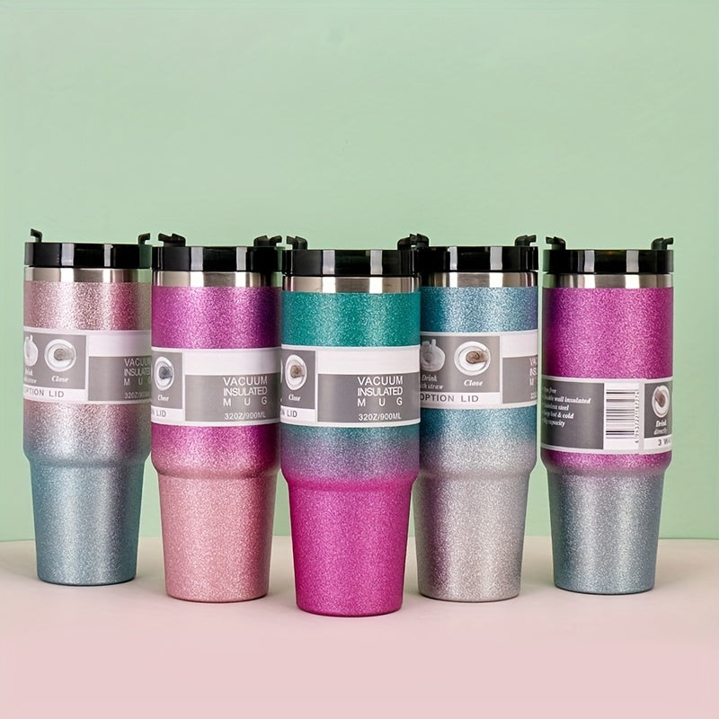 30oz Gradient Stainless Steel Thermal Cup Double Straw Personality Car Handy Cup