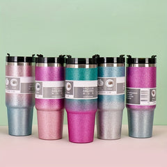 30oz Gradient Stainless Steel Thermal Cup Double Straw Personality Car Handy Cup