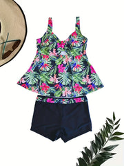  Boho Tankini Set Tropical Print V Neck Cami Top & Shorts