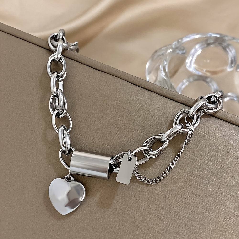 Punk Chunky Chain Stainless Steel Bracelet Heart Pendant