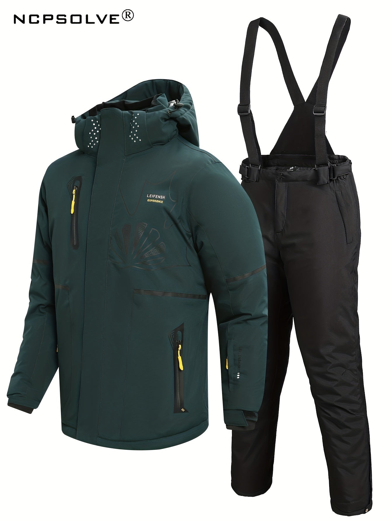 Men's Winter Skiing Outfits Zip Thick Warm Hooded Jacket And Thermal Solid Pants