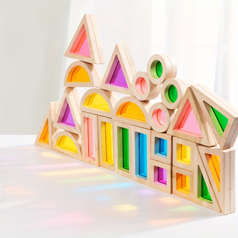 Wooden Building Blocks Castle Construction Toy Set with Light Up Pieces