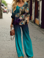Peacock & Ombre Print Plus Size Casual 2 Piece Set