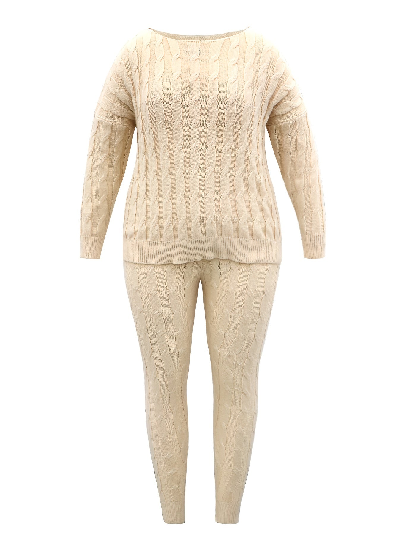  2 Piece Sweater & Pants Set Solid Jacquard Long Sleeve Outfit