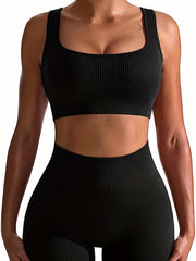 2pcs Ribbed Workout Sets Square Neck Sports Tank Top Bra & High Waist Solid