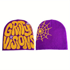 Unisex Reversible Spider Web Letter Jacquard Beanie Y2K Knit Hat