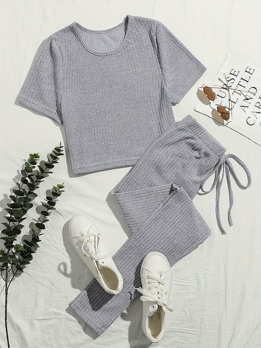 Short Sleeve Crew Neck Top & Elastic Waistband Pants Set