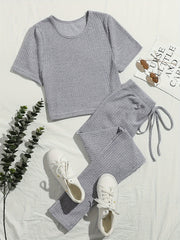 Short Sleeve Crew Neck Top & Elastic Waistband Pants Set