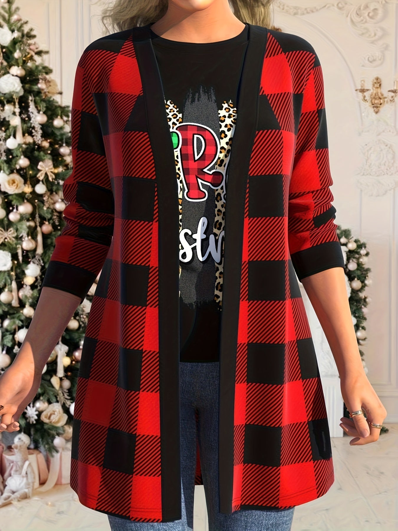  Plaid Print Long Sleeve Open Front High Stretch Cardigan