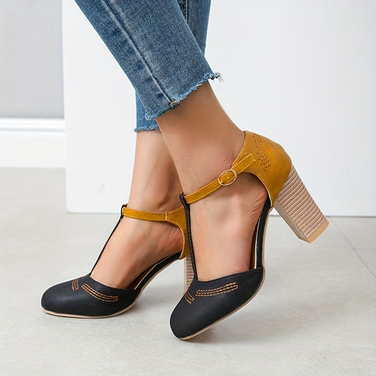 Women's Retro High Heels T-Strap Round Toe Block Heels Shoes