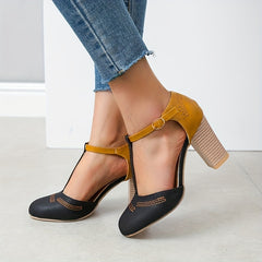 Women's Retro High Heels T-Strap Round Toe Block Heels Shoes