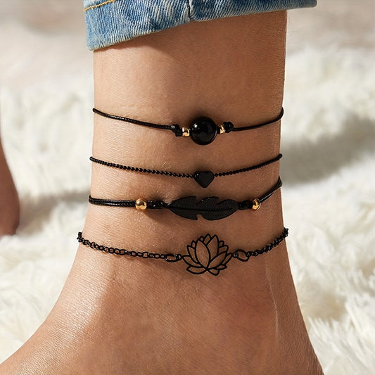 4 Pcs Stackable Lotus Chain Anklet Set For Women