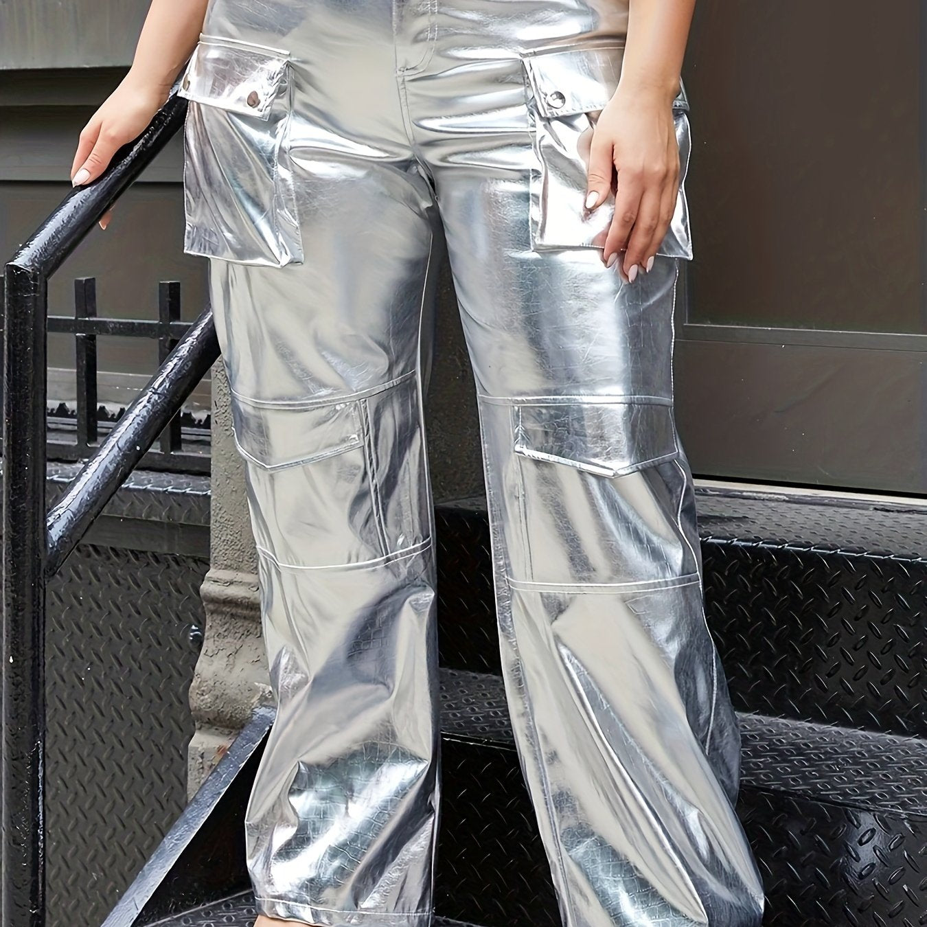  Metallic Button Fly High Rise Cargo Trousers