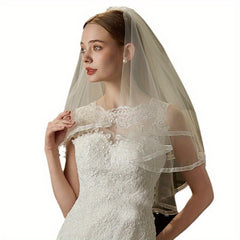 Double Layer Tulle Bridal Veil with Ruffled Edge Soft Nylon Wedding