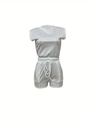  Casual Two Piece Set Solid Sleeveless Crop Top & Drawstring Shorts