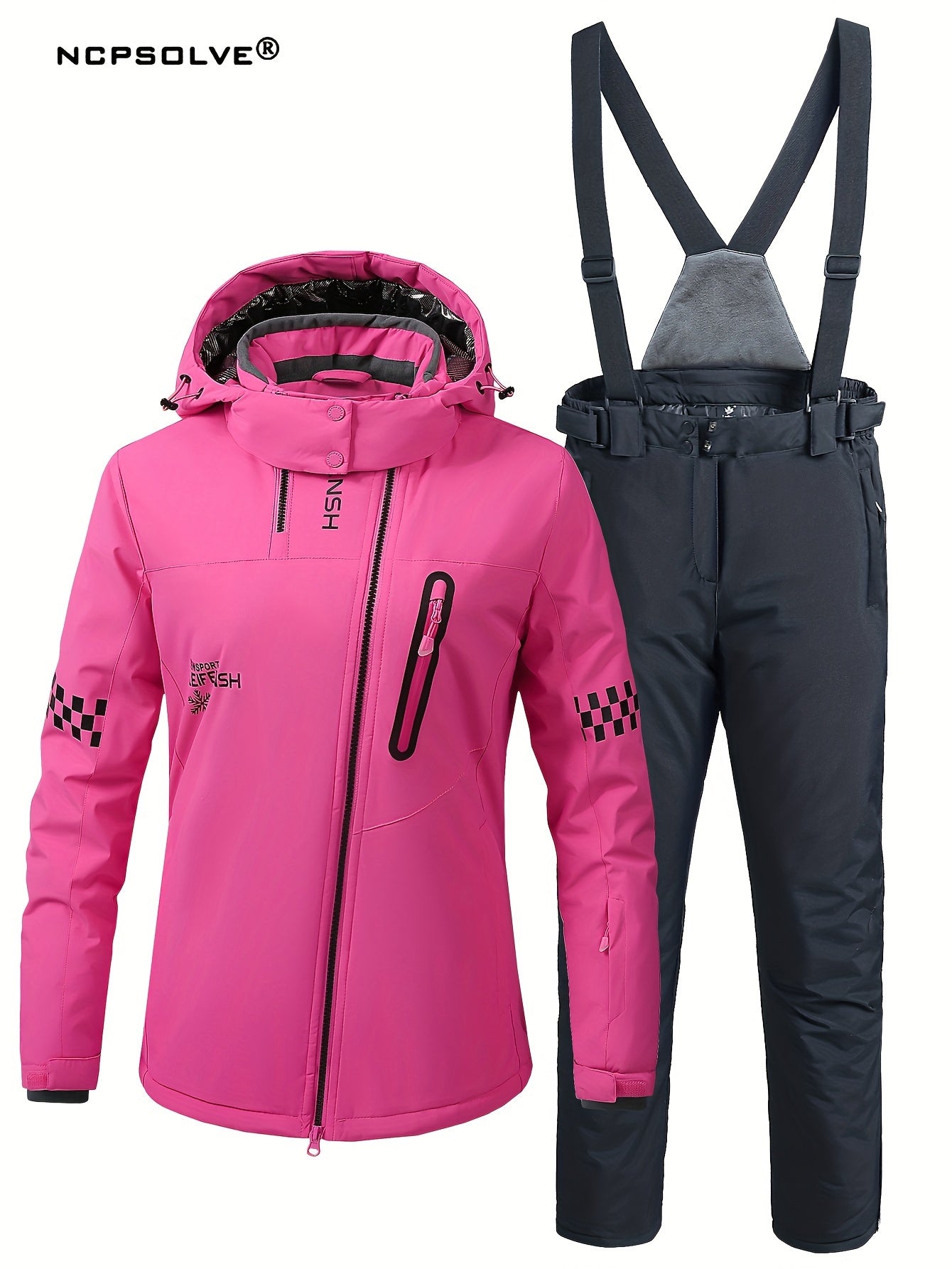 Checkerboard & Letter Print Ski Set Hooded Jacket & S