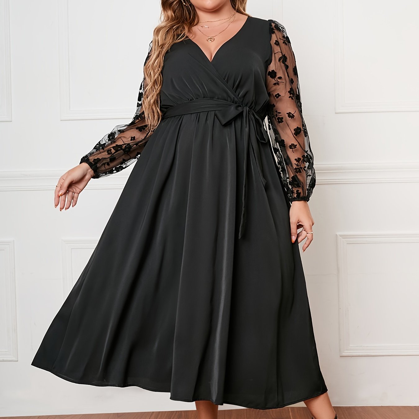 Floral Jacquard Mesh Long Sleeve Dress Plus Size Women's Dress