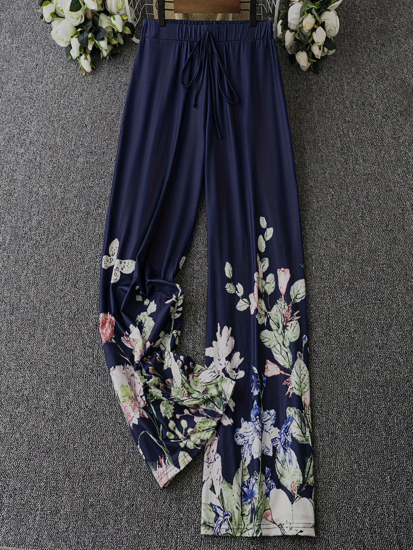 Women's Plus Floral Print Stretch Pants with Tie Front