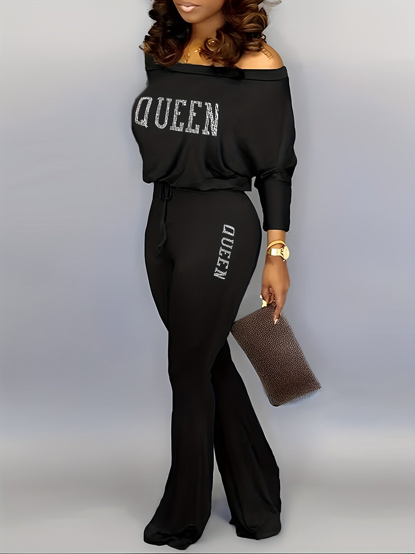 Solid Queen Print Off Shoulder Jumpsuit Casual Batwing Long Sleeve Jumpsuit