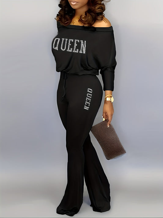 Solid Queen Print Off Shoulder Jumpsuit Casual Batwing Long Sleeve Jumpsuit