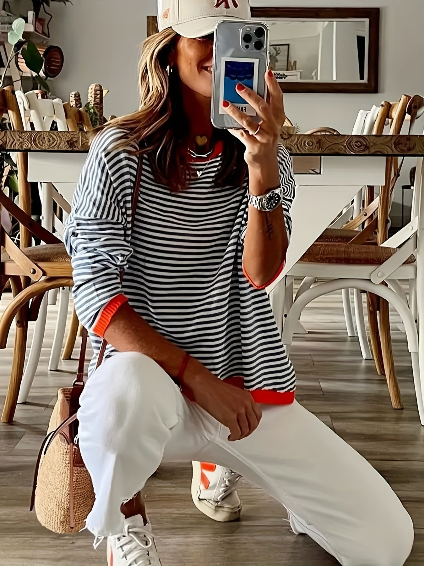 Striped Print Crew Neck Knit Sweater Long Sleeve