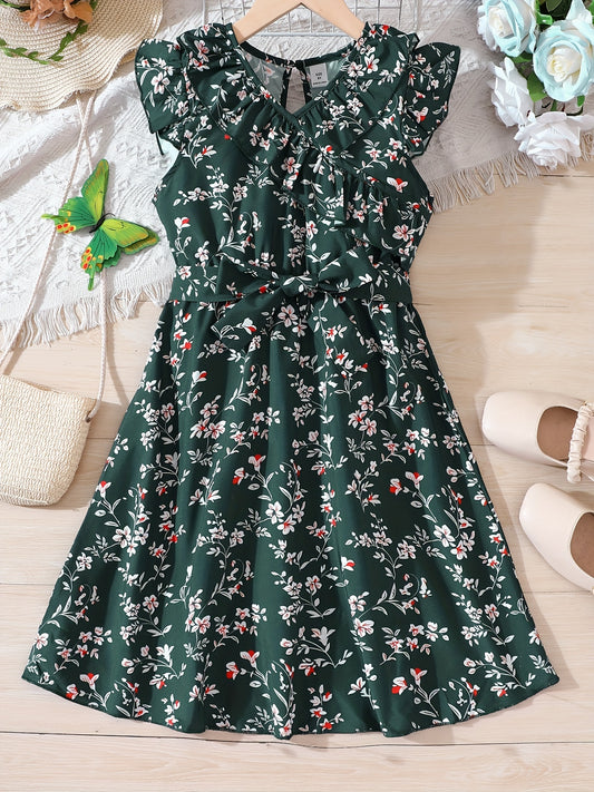 Girls Flower Print Dress with Waist Band - Summer Clothes