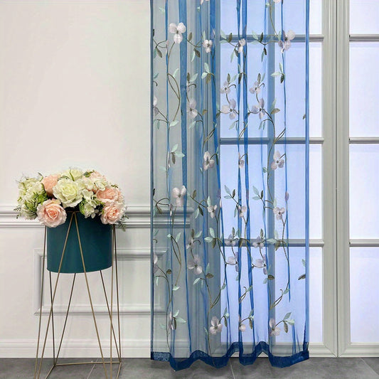 Floral Embroidered Sheer Curtain Rod Pocket Rustic Voile Sheer Window Tulle