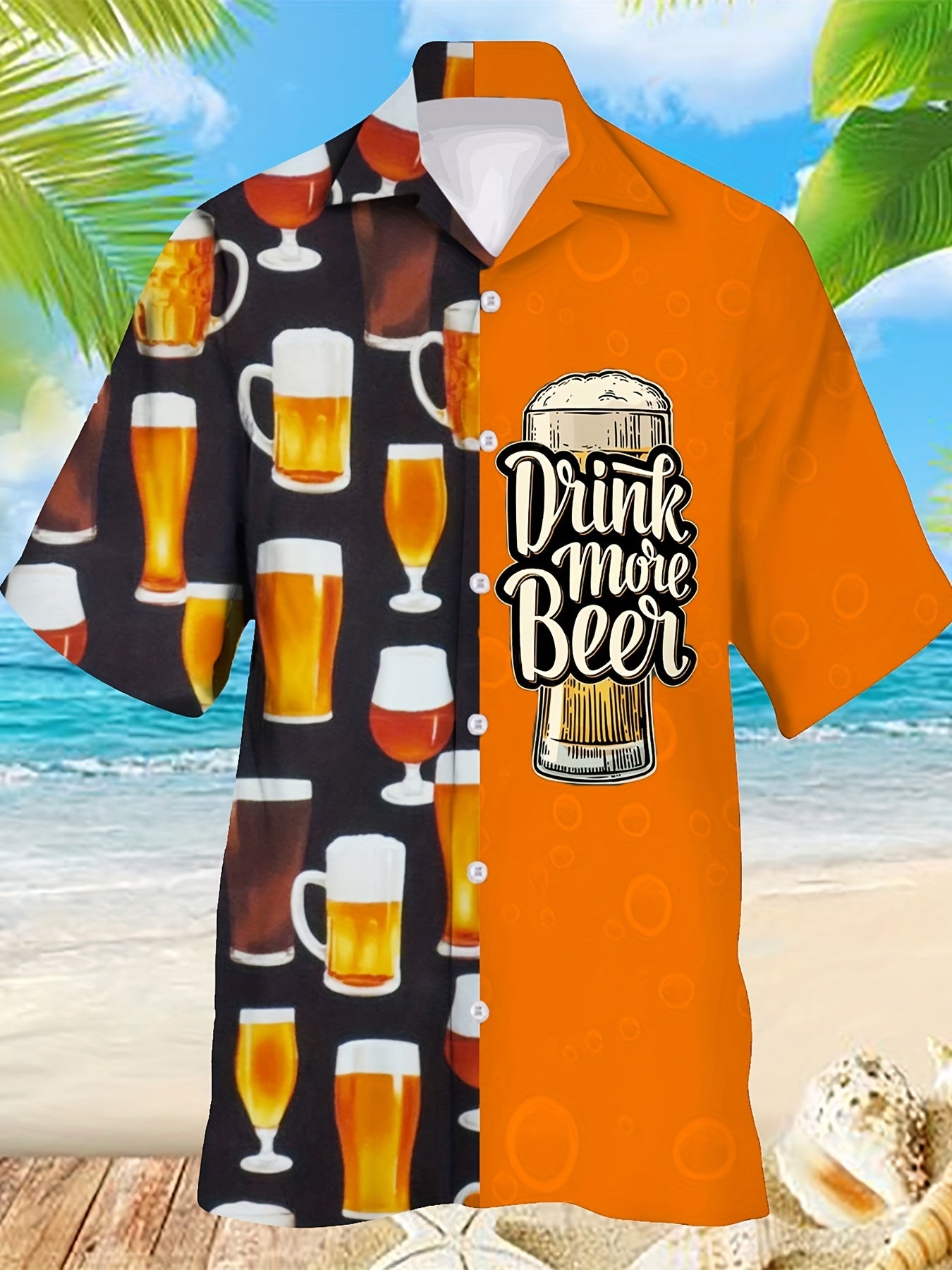 Men's Beer Slogan Print Casual Short Sleeve Shirt for Summer Vacation