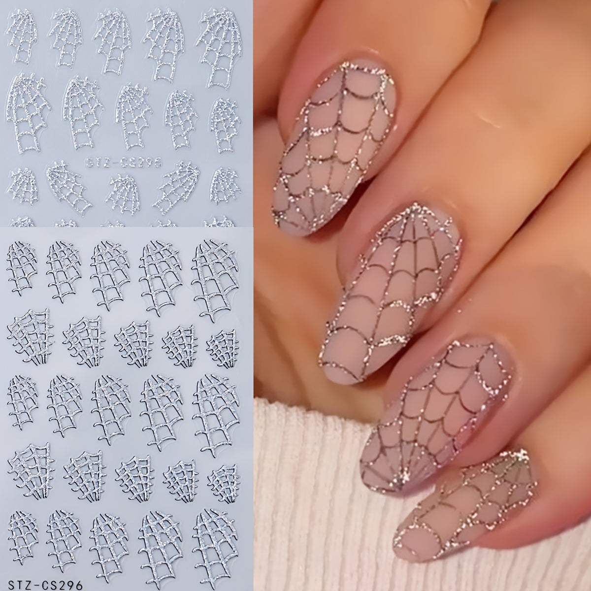 Silver Glitter Spider Web Nail Stickers - Halloween Y2K Manicure Decor