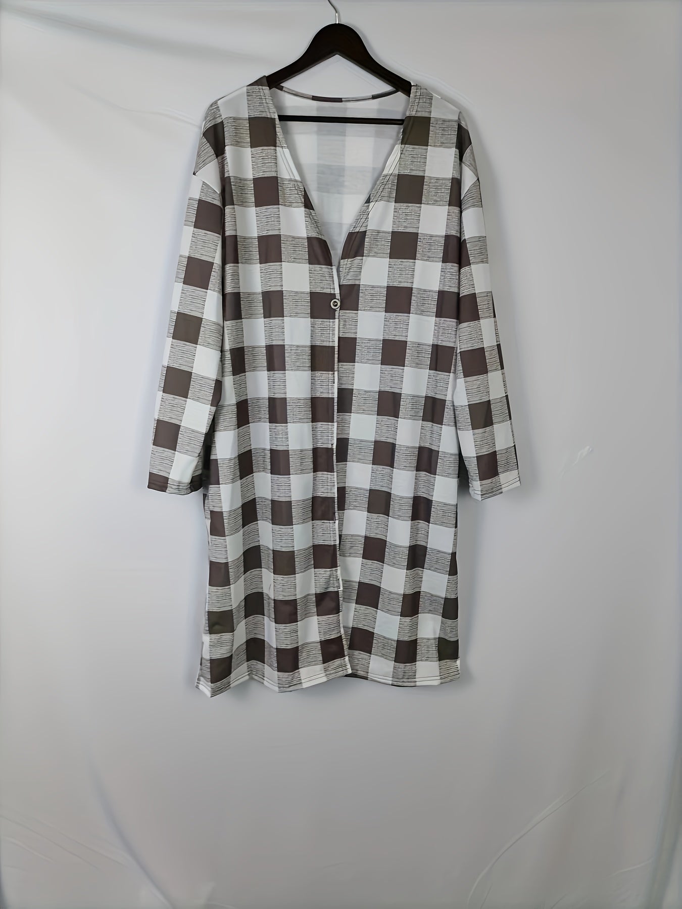  Gingham Print Button-Up Cardigan