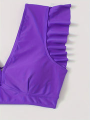  Bikini Top Solid V Neck Ruffle Trim Padded Swimwear