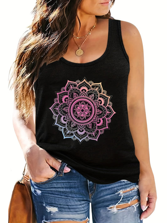 Floral Print Crew Neck Plus Tank Top