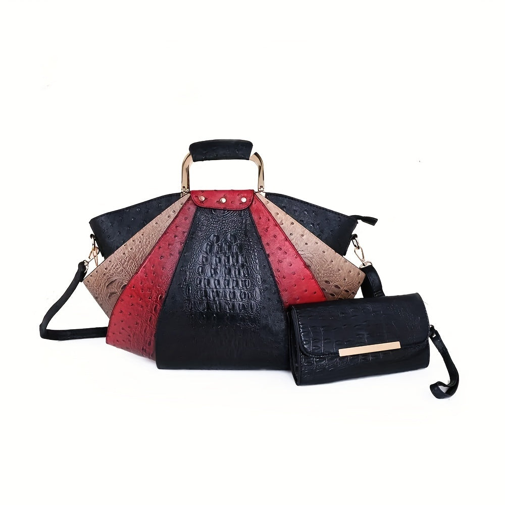 Crocodile Pattern Handbag Set Women's Stylish Shoulder Bag & Clutch Bag