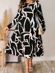  Abstract Stripe Print Long Sleeve A line Dress