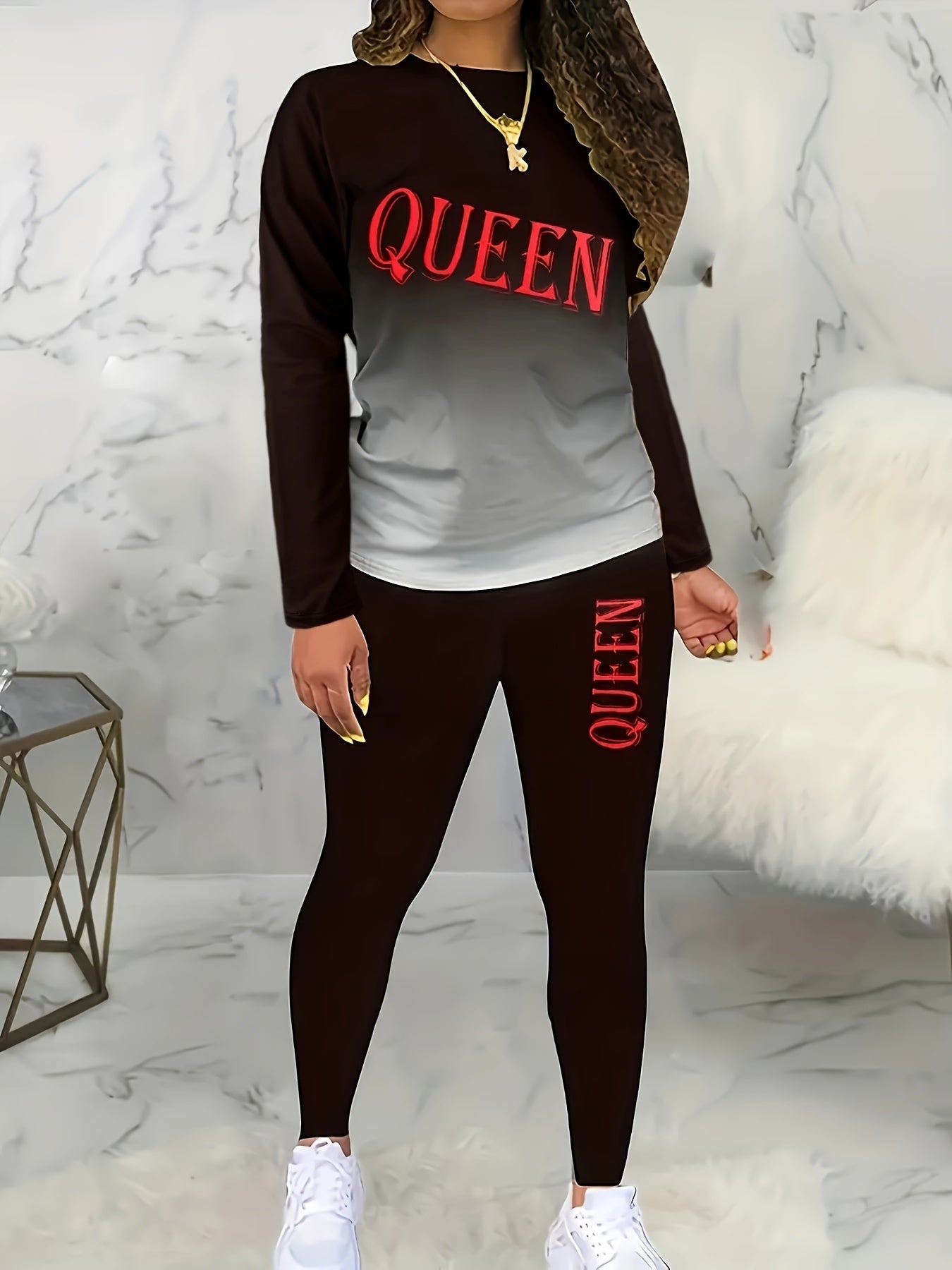  Ombre & Letter Print Long Sleeve Tee & Pants Set