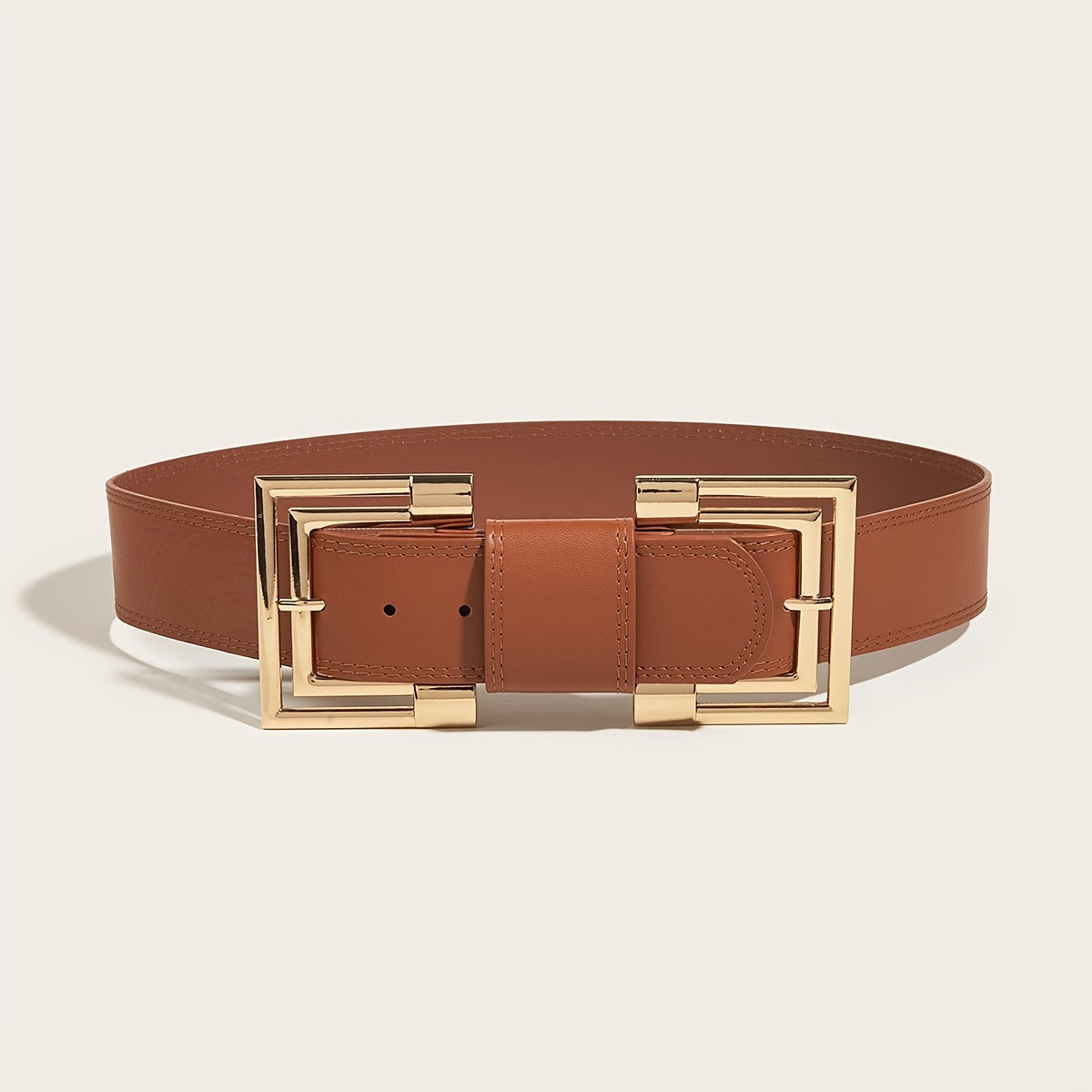 Vintage PU Leather Belt Double Square Metal Buckle Wide Belt Women's