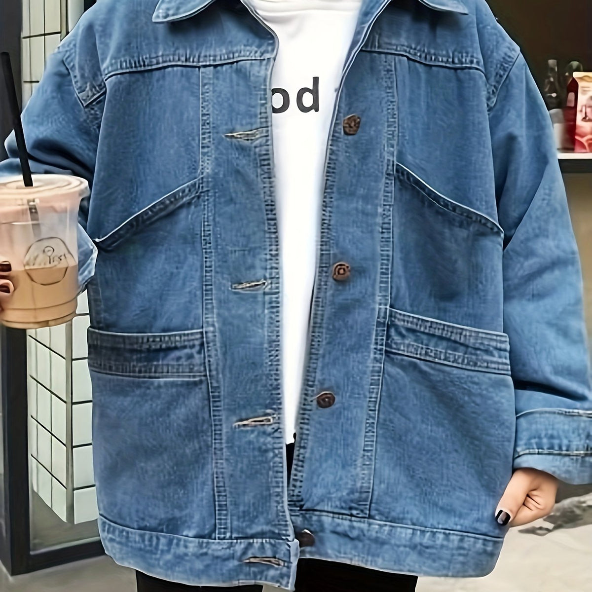  Preppy Denim Jacket Women's Plus Button Up Lapel Collar Denim Coat