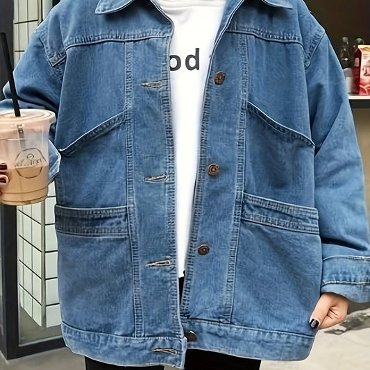  Preppy Denim Jacket Women's Plus Button Up Lapel Collar Denim Coat