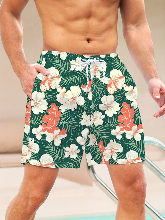 Quick Dry Hawaiian Beach Board Shorts for Men Floral Swim Trunks with Pockets