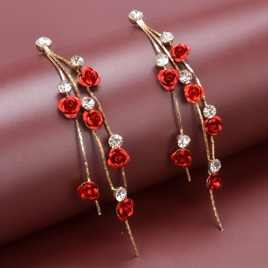 Tassel Red Rose Rhinestone Dangle Earrings