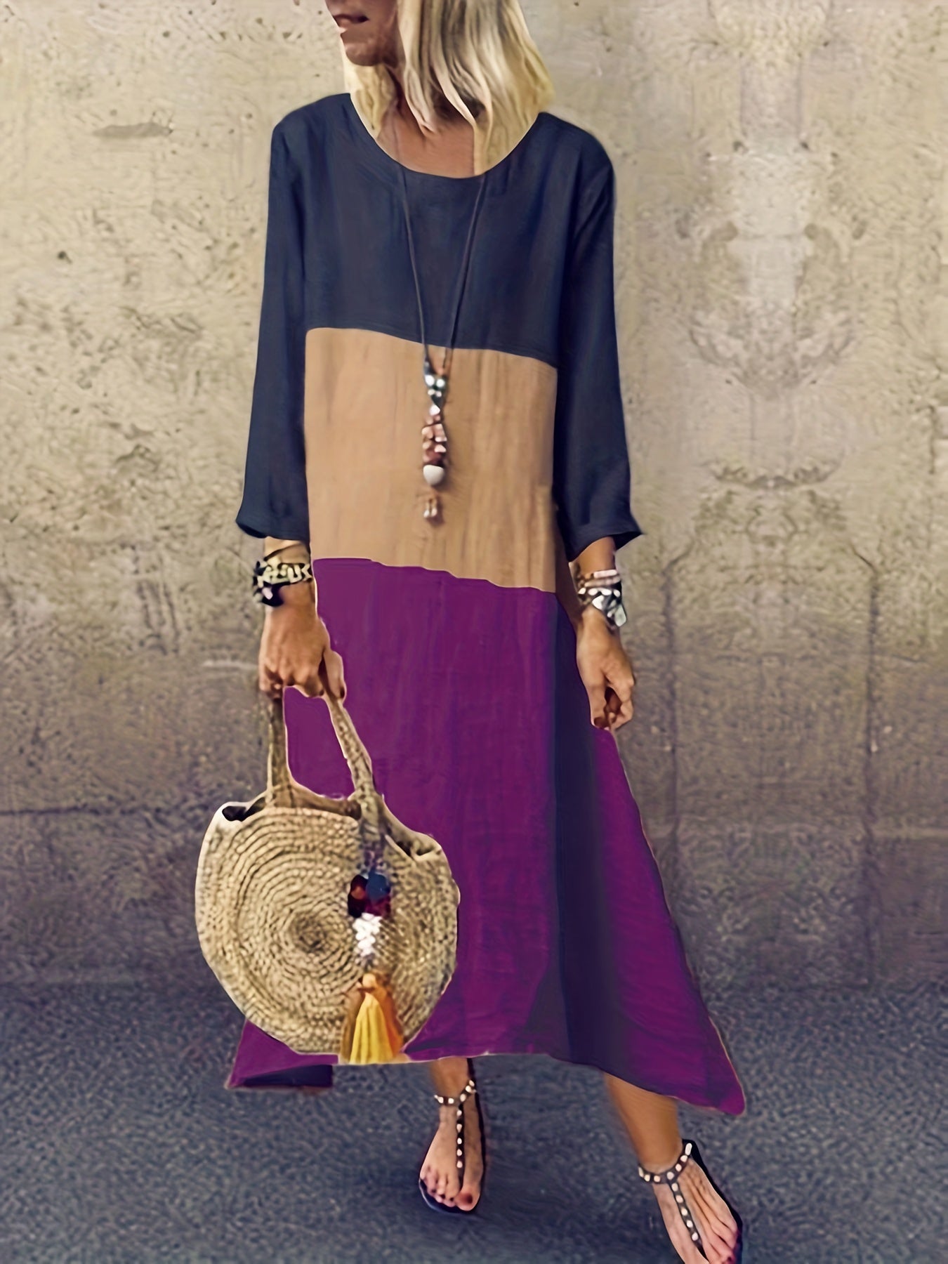  Colorblock Round Neck Long Sleeve Maxi Dress